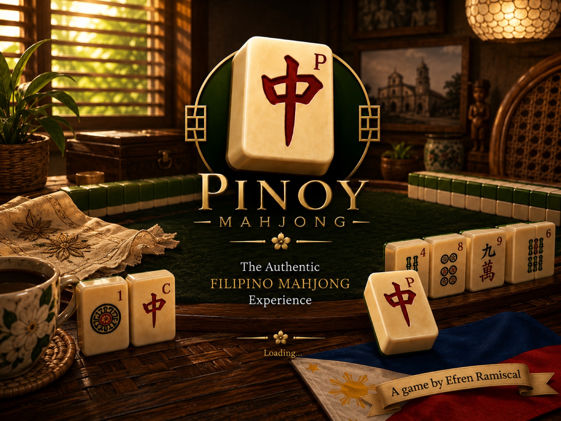 Pinoy Mahjong splash artwork with mahjong tiles, Filipino home details, narra wood, capiz light, and gold logo