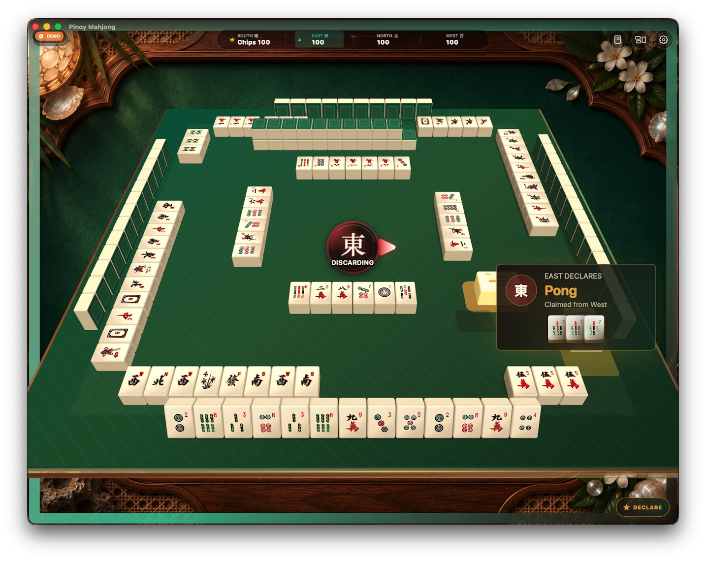 East declares Pong during a Pinoy Mahjong game on Mac