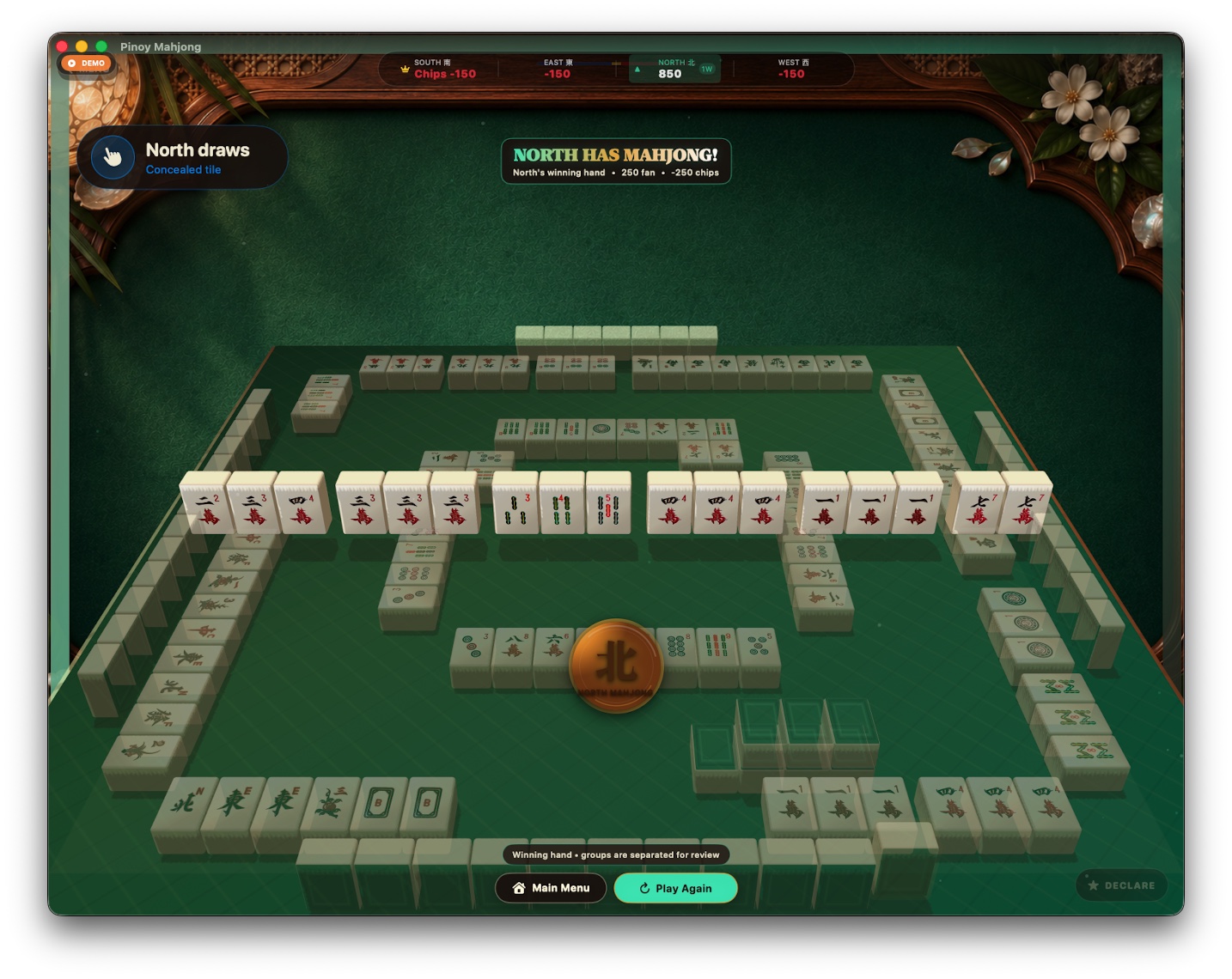 Completed winning Pinoy Mahjong hand on Mac